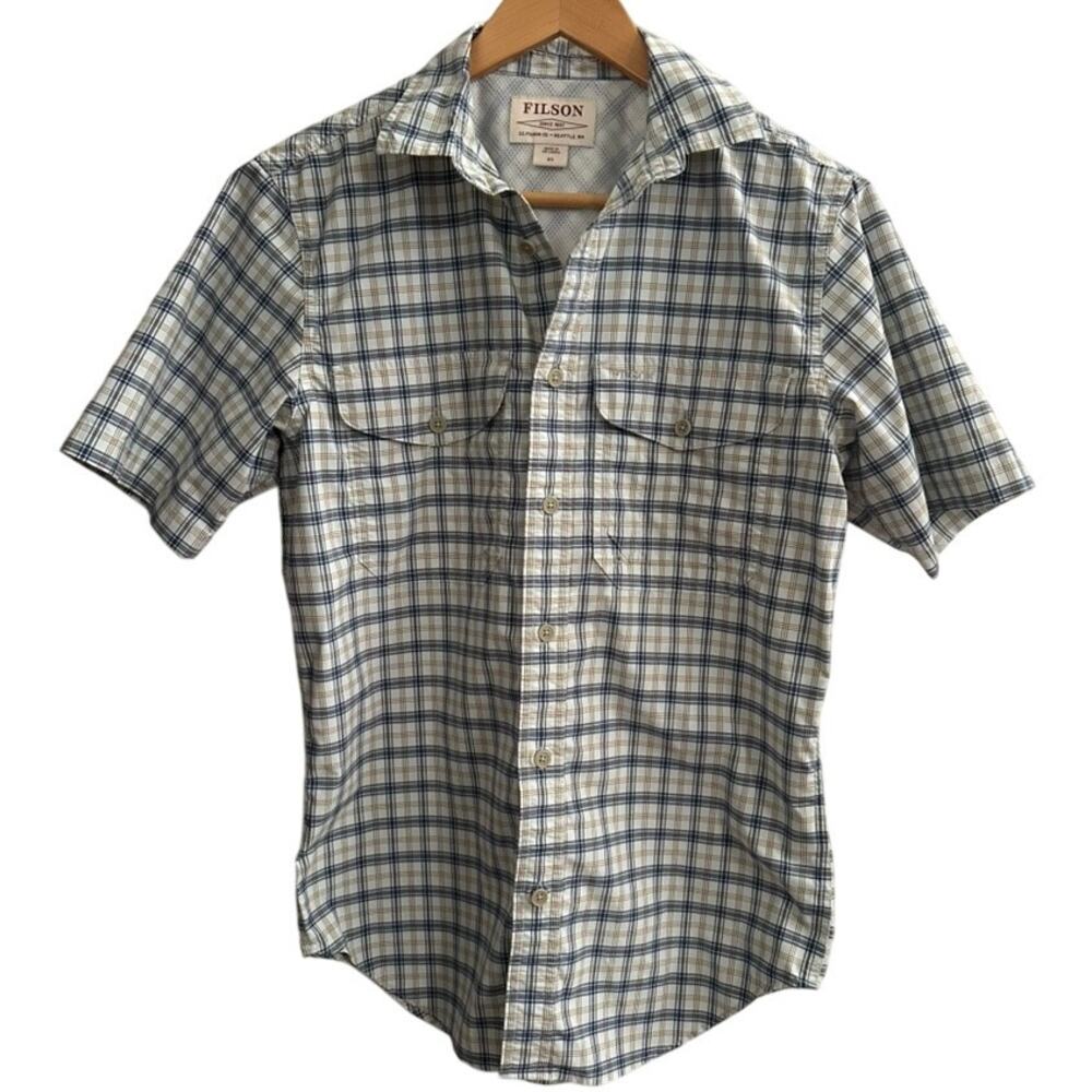 Filson Plaid Short Sleeve‎ Vented Shirt Mens XS Navy Gold Outdoor Travel Fishing